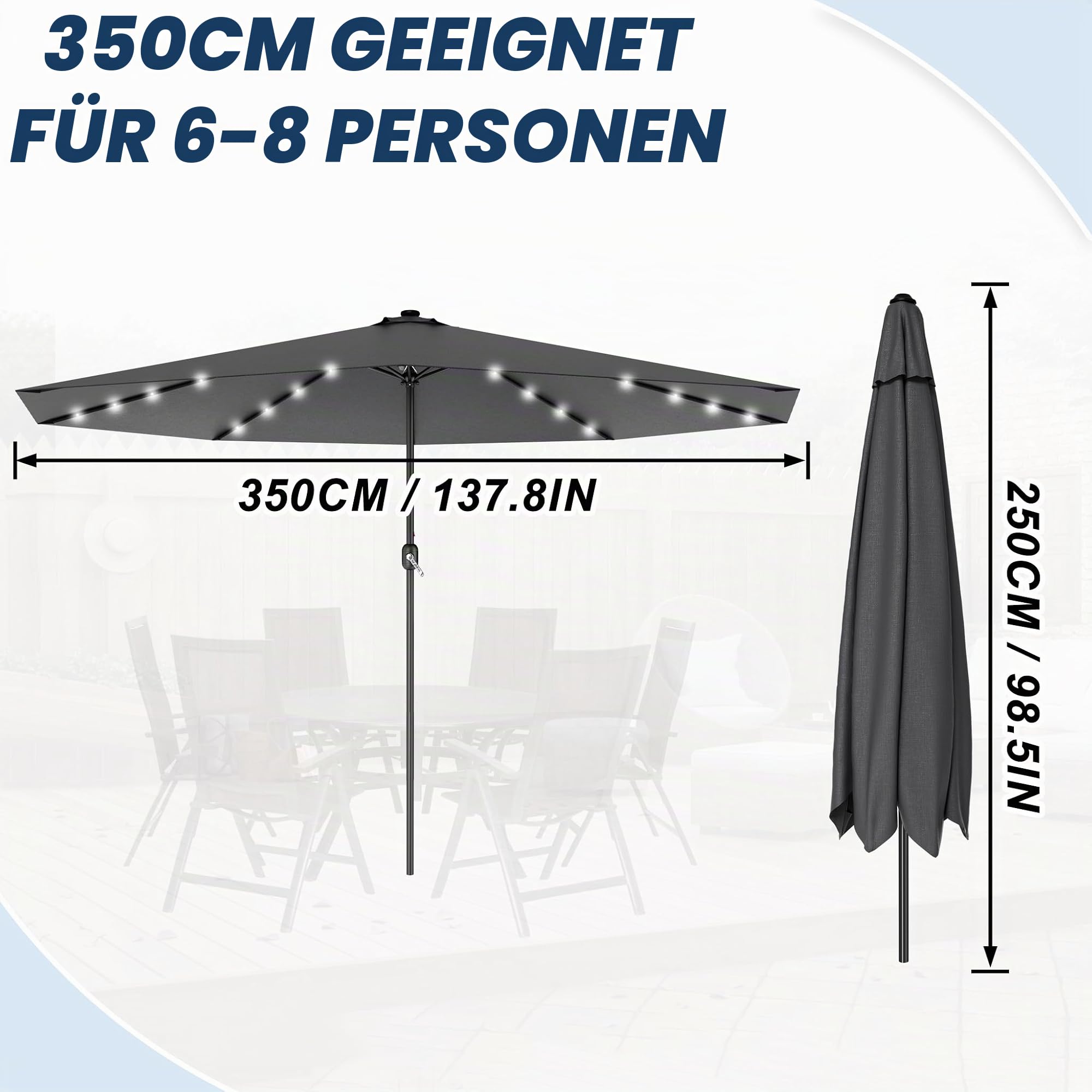 LZQ Sonnenschirm Balkon Ø 350cm Gartenschirm mit Solar LED Beleuchtung Alu Marktschirm mit Handkurbel Strandschirm Rund Terrassenschirm Wasserabweisende UPF 40+(Dunkelgrau, Winkel Nicht Verstellbar)