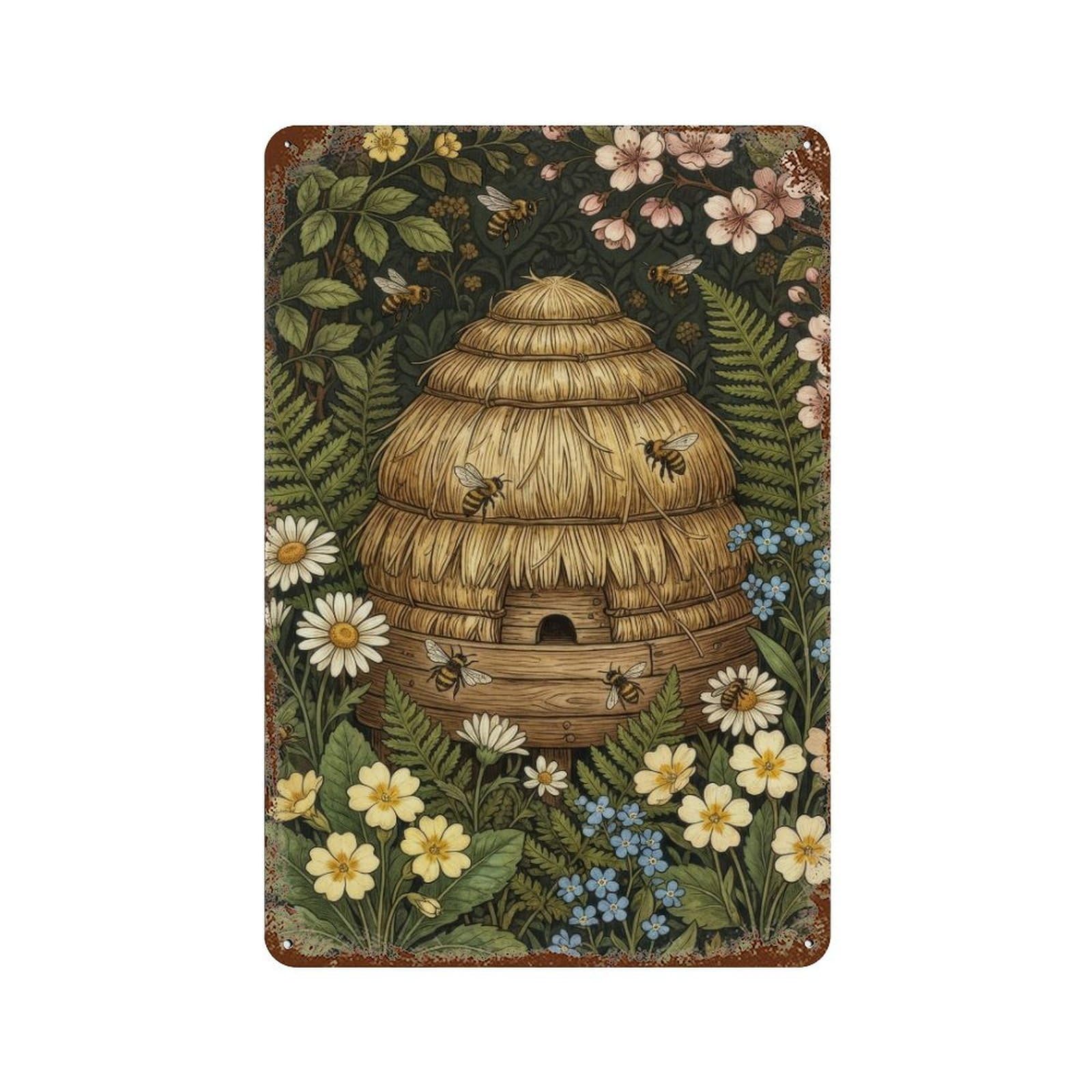 William Morris Beehive in Wildflower Garden Cottagecore Decor Arts And Crafts Botanical Illustration Rustic Nature Wall Decor Art Metal Tin Poster Modern Home Decor Art Home Bar Shop Decorations Vint