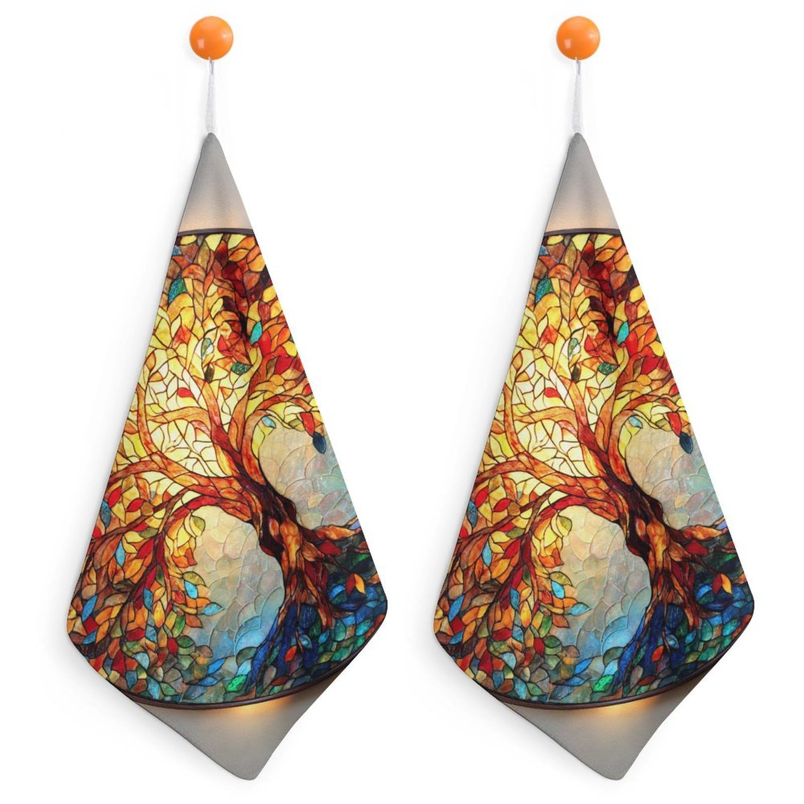 Jubonexis Stained Glass Tree of Life Small Hand Towel with Hanging Loop 2 PCS Absorbent Soft Wash Cloth for Kitchen Bathroom
