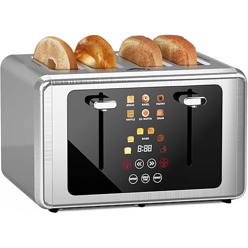 Touch screen Toaster 4 slice,Stainless Steel Digital Timer Toasters with Sound/Screen-Off Function,6 Bread Types & Shade Settings,Smart 1.5 Wide Slots Toaster with Bagel,Defrost,Stainless Steel