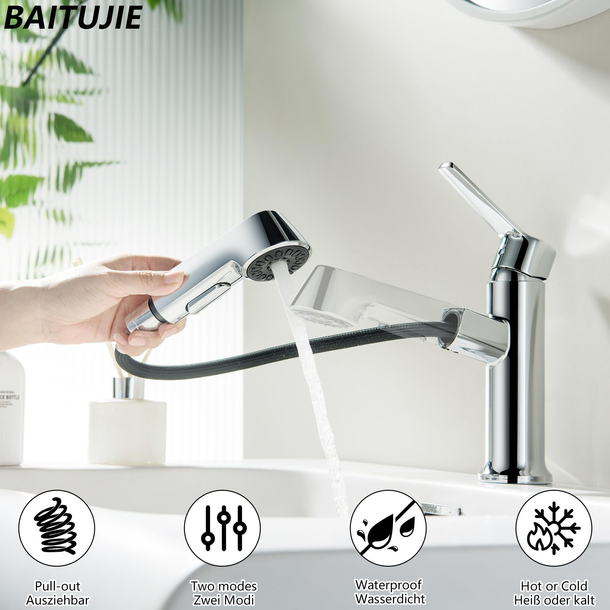 Waschtischarmatur ausziehbar mit Brause, Moderne Wasserhahn Bad Armatur mit 2 Strahlarten, Badarmatur Waschbecken Einhebelmischer für Badezimmer, Chrom