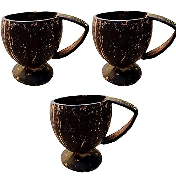 Three Coconut Shell Tea Cup 100% Organic Coconut Shell and Wood Mug - Hand Made - Tea, Coffee or Milk Cup