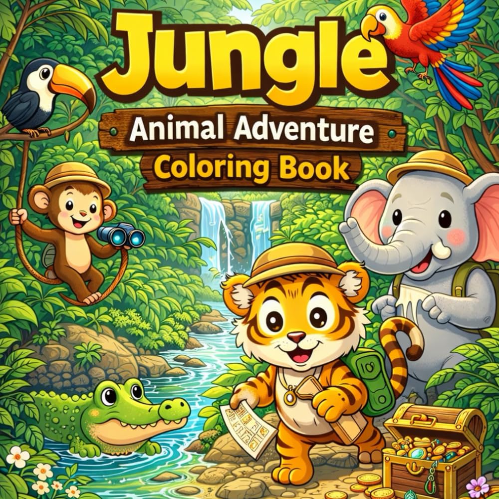 Jungle Animal Adventure Coloring Book for Kids: Big, Simple & Easy Safari and Rainforest Animal Pages for Little Explorers Ages 4–8