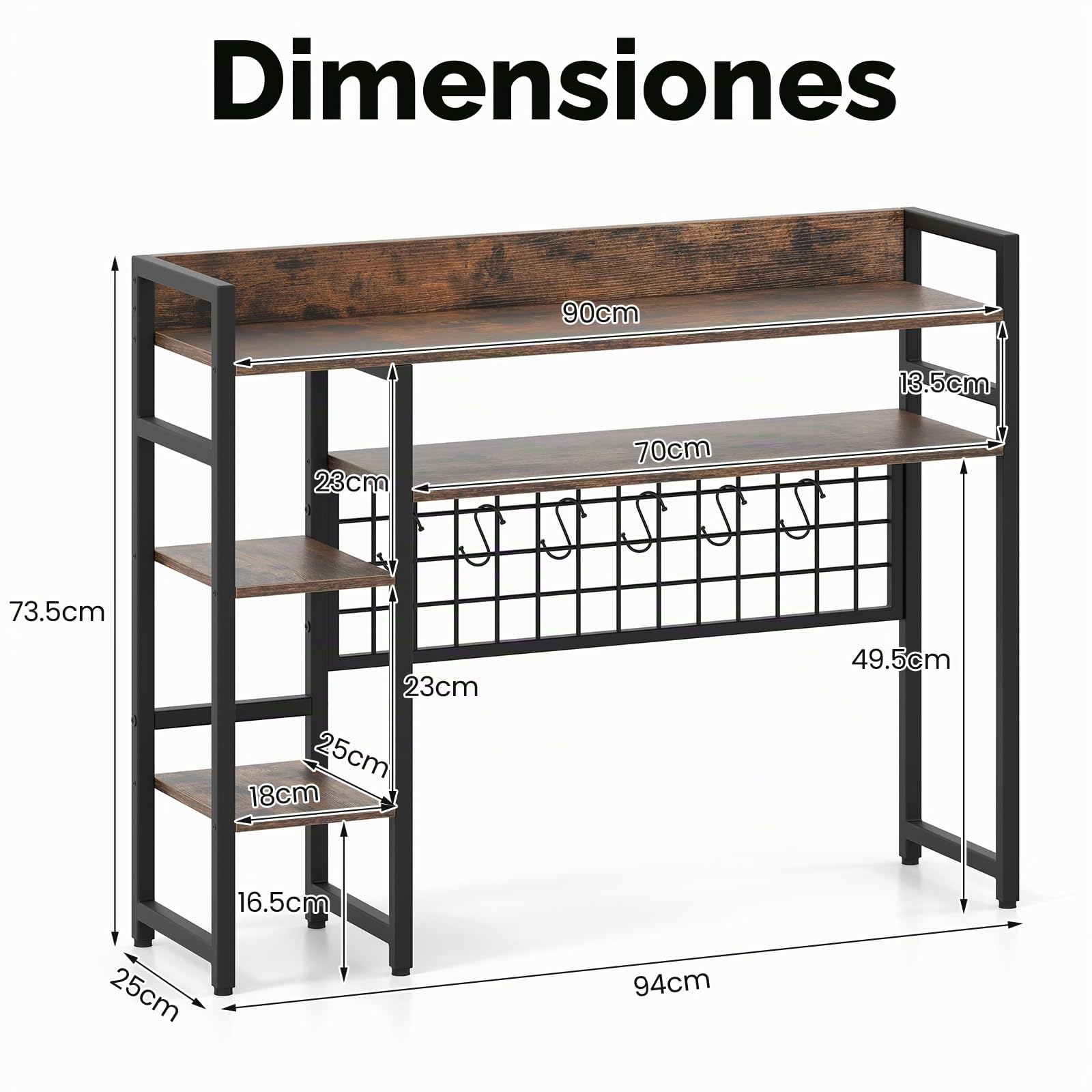 HOMASIS Estantería de Escritorio De 4 Niveles con 6 Ganchos Y Rejilla, Estantería de Madera y Metal, Organizador de Mesa con Bloqueo Antivuelco para, 94 x 25 x 73,5 cm (Marrón)