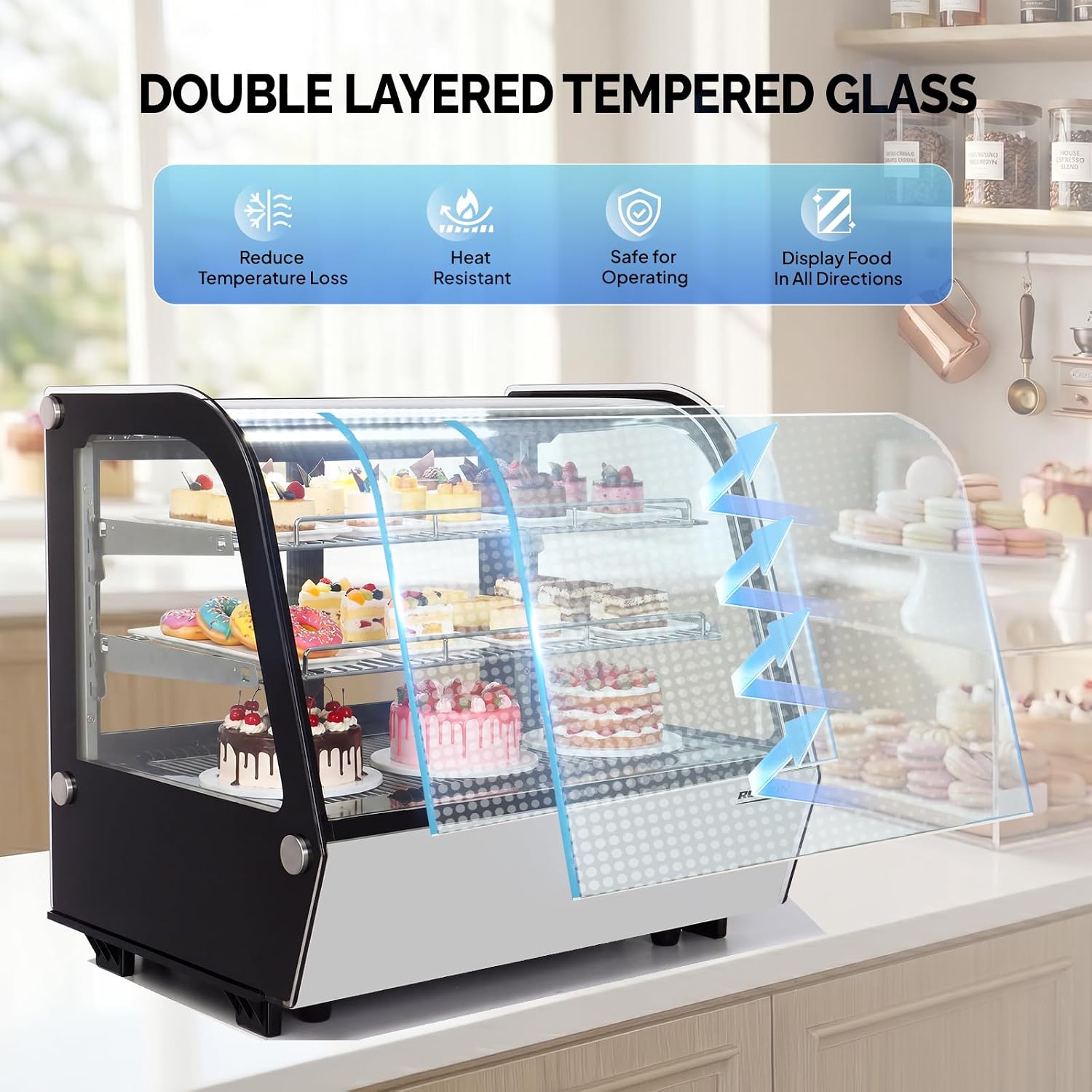 ROVSUN 4.2 Cu.Ft Commercial Display Refrigerator ETL NSF Certified, Refrigerator Display Case Countertop Pastry Display Case w/LED Air-cooling Automatic Defrost Rear Sliding Door for Cafe Restaurant