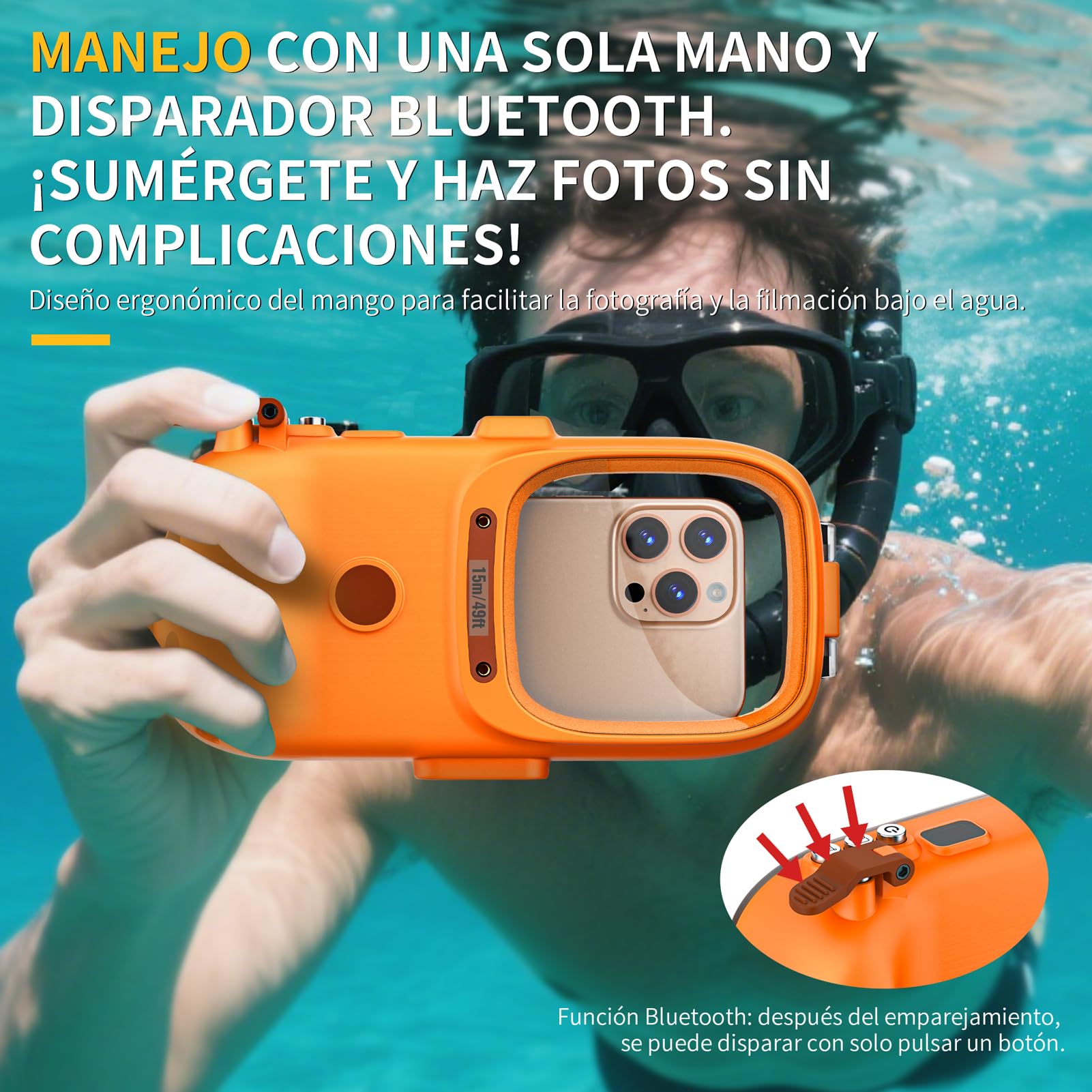 Funda Impermeable IPX8 Universal para Buceo, Profesional Sumergible 15M [Función Bluetooth] [Enfoque Ajustable] Funda para iPhone Samsung Galaxy Xiaomi Redmi Google Honor 4,7-6,9", Naranja
