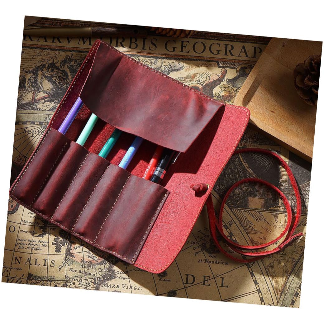 Lurrose 3piezas Estuche De Cuero Retro para Bolígrafo y Lápiz Bolsa De Piel Hecha Mano Organizador De Escritorio Color Vino para Oficina y Estudio