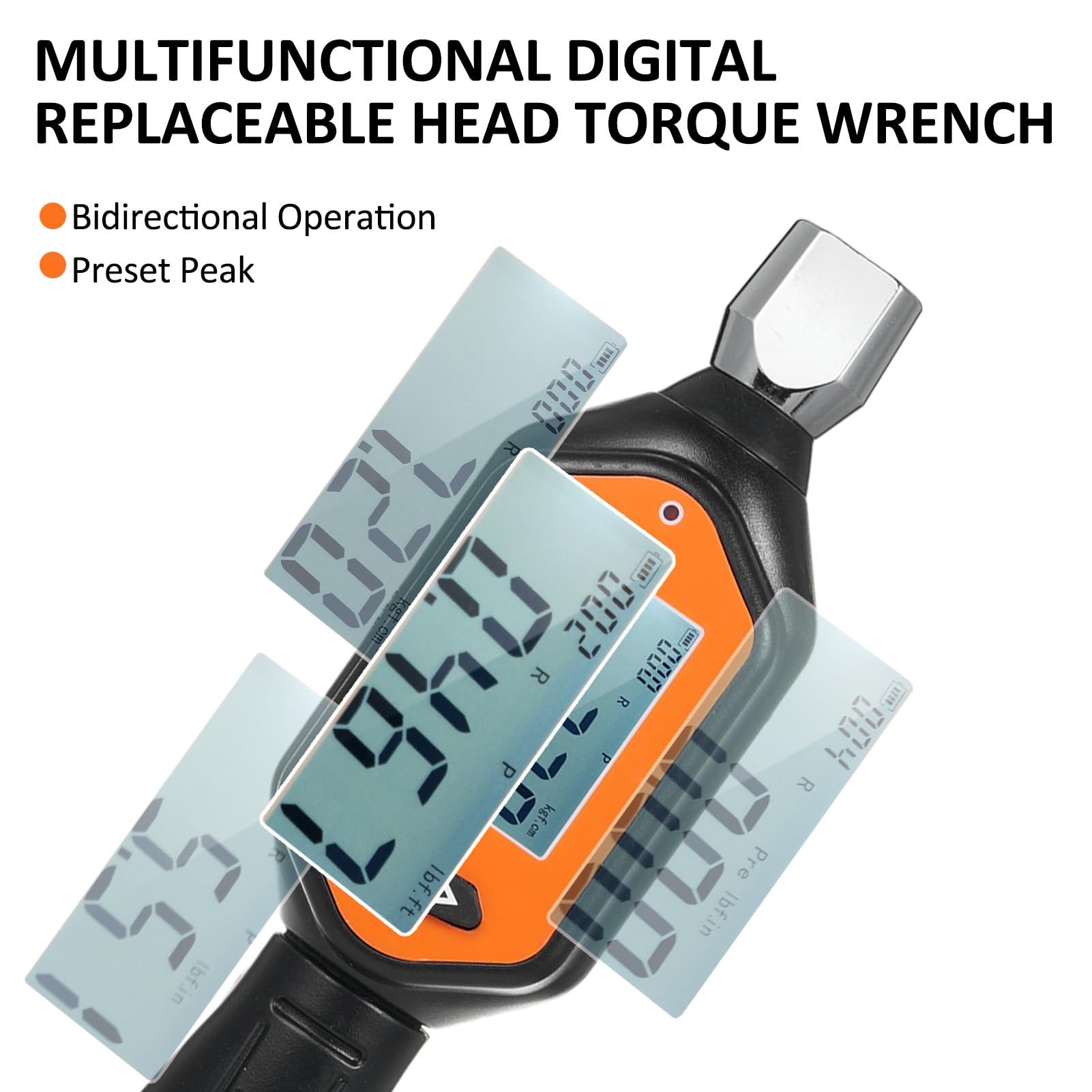 EWM-R-10 - Llave dinamométrica digital de cabeza intercambiable de 1/4 pulgadas, portátil, pantalla grande con sonido retroiluminado, alarma LED, modo preestablecido de pico en tiempo real, 3