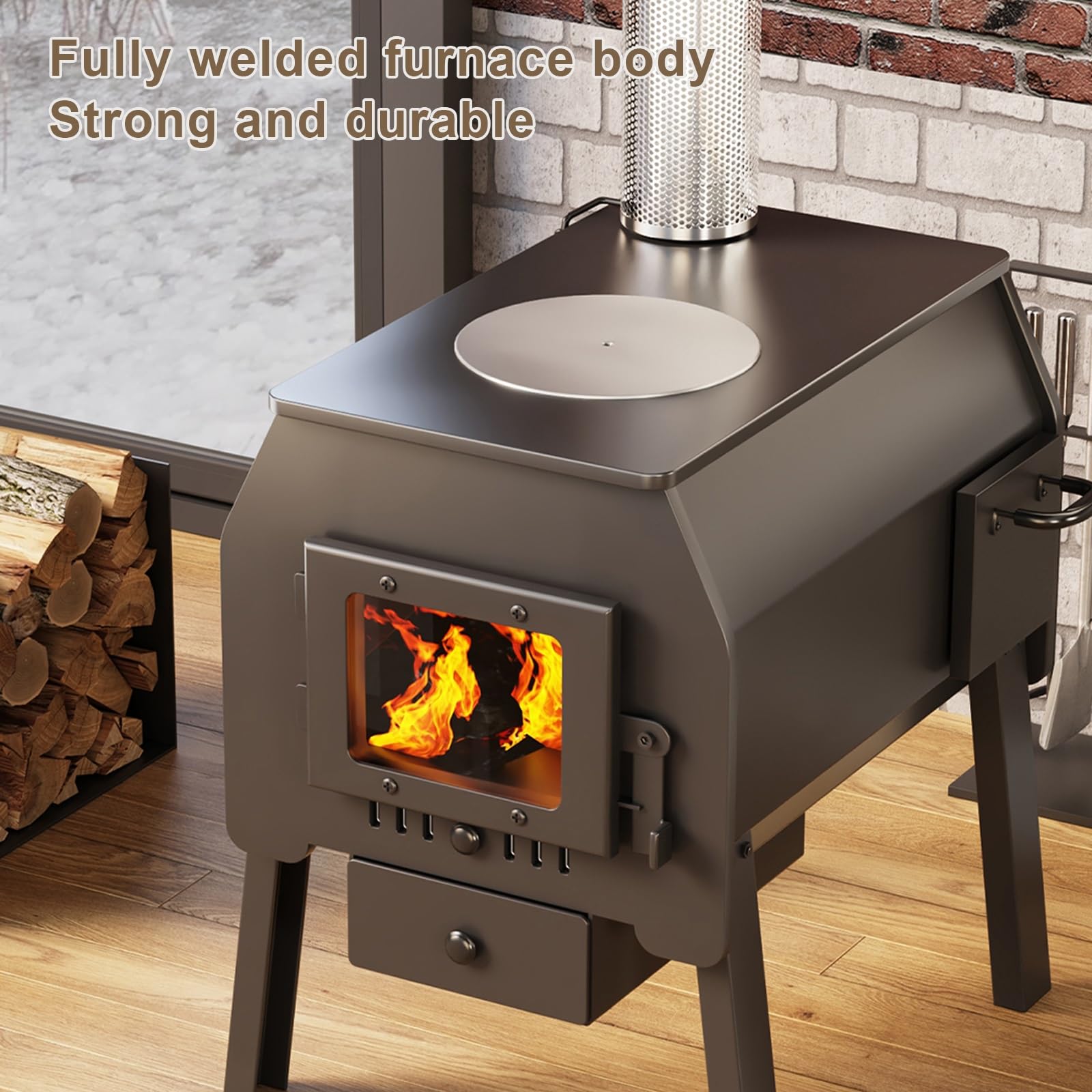 Holzofen für den Innenbereich mit Ofen und Kamin, hohe Wärmeableitung zum Heizen, Kochen und Kochen von Wasser