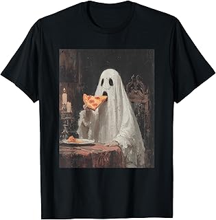 Funny Ghost Eating Pizza Retro Halloween Spooky Season T-Shirt