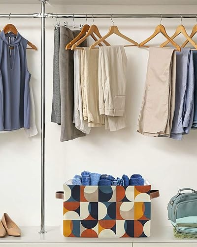 Miniatura 5 de Navy Blue Orange Beige Storage Basket for Organizing Shelves, Collapsible Storage Bins Boxes with Handle, Middle Century Modern Geometric Abstract