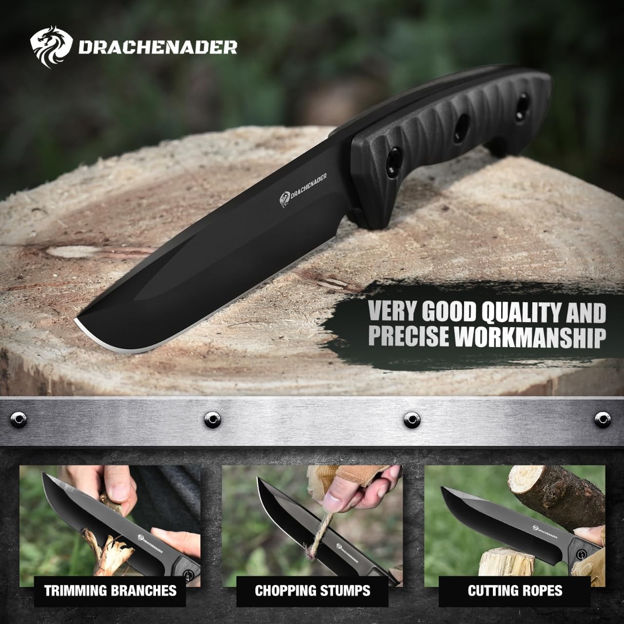 DRACHENADER XR-B01 Coltello da caccia con fodero - Full Tang Outdoor Messer, lunghezza totale 25,7 cm, manico in ABS, Full-Schwarz, Può essere indossato incrociato sulla cintura