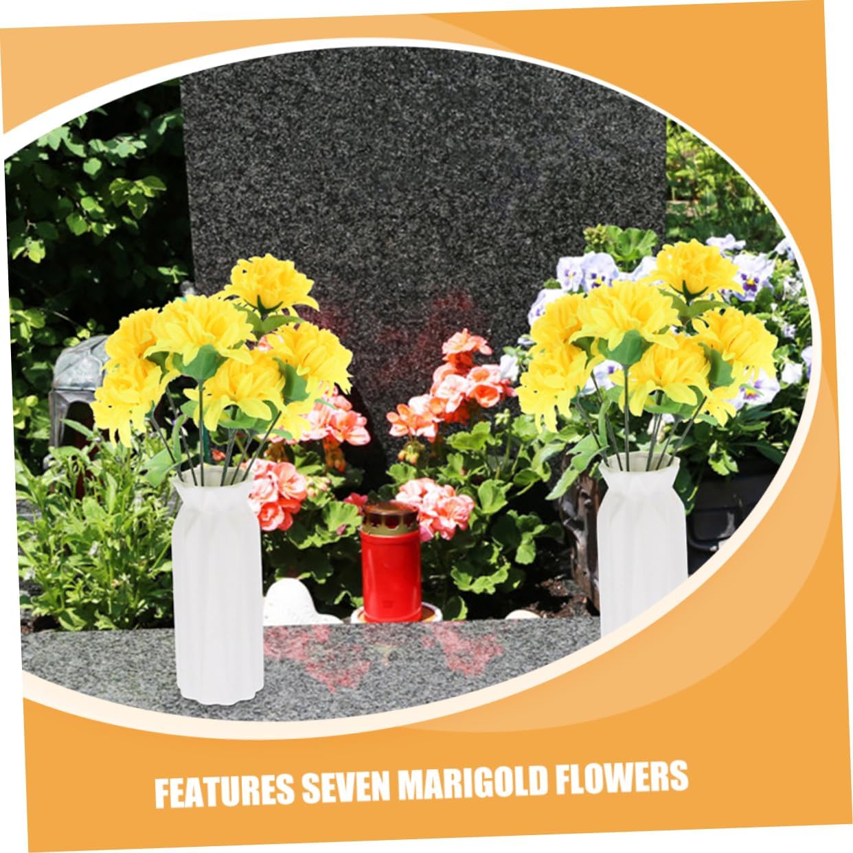 ABOOFAN 5-Pack Artificial Marigold Flowers Bouquet 7 Heads Faux Chrysanthemum Floral Arrangement for Cemetery Grave Decoration Memorial Day Outdoor Use 13.38 X 6.29 X 4.33 Inches