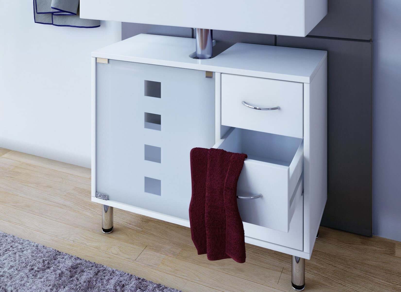 VCM Holz Waschbeckenunterschrank | Badschrank | Maße: H. 58 x B. 67 x T. 30 cm | 1 ESG-Sicherheitsglastür | 3 Schubladen | modernes Badezimmermöbel - Darola