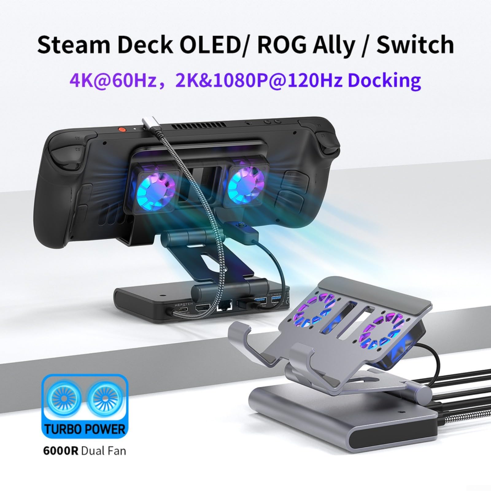 Dockingstation mit zwei Lüftern, 4K@60Hz, Gigabit Ethernet, 3 USB-Anschlüsse, verstellbarer Ständer für OneXPlayer APEX für ROG (Schwarz)