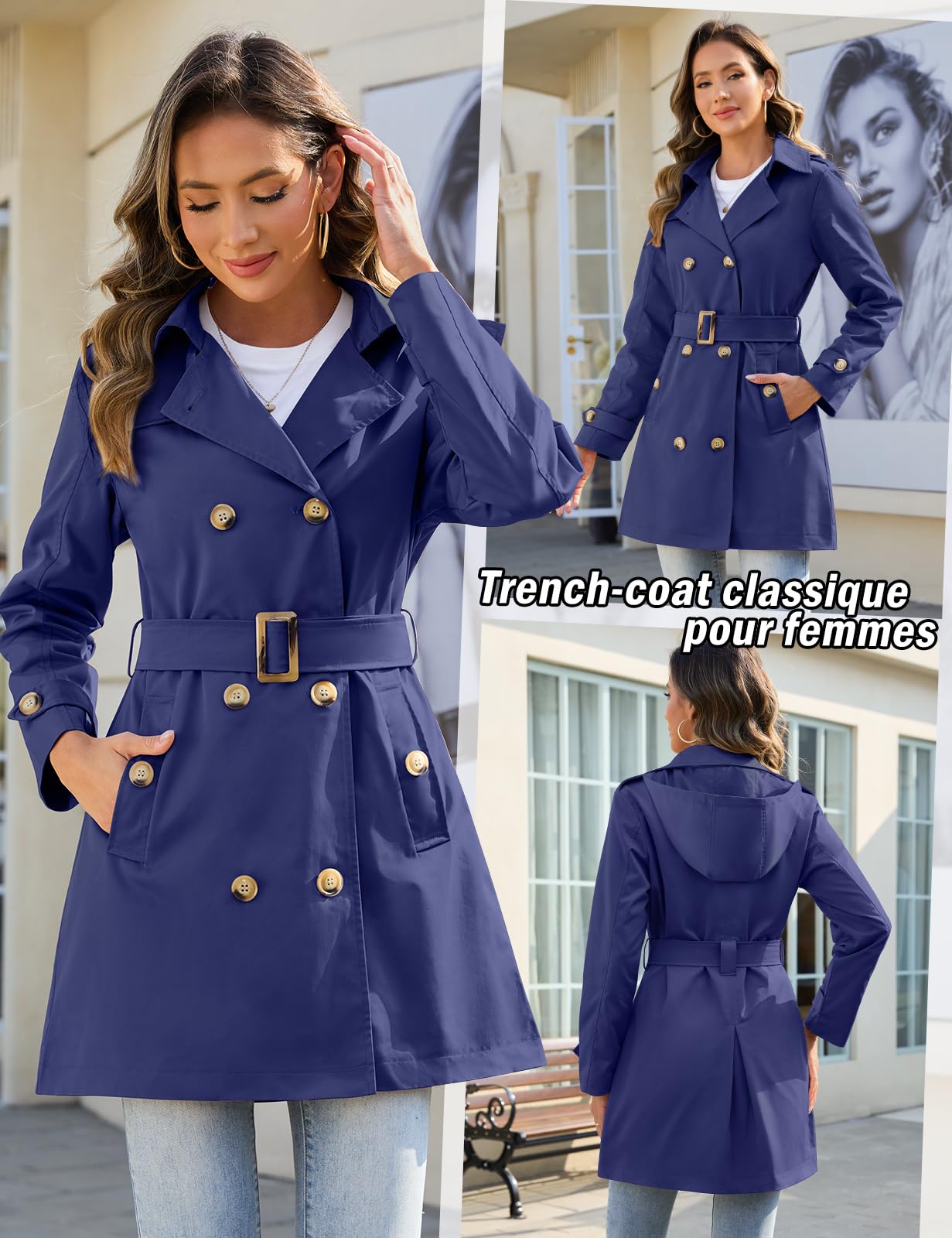 Yuson Girl Trench Coat Femme Double Boutonnage Manteau Classique Coupe Vent Trench Femme Capuche Impermeable Légère Parka mi Saison Casual Vestes Printemps Automne avec Ceinture