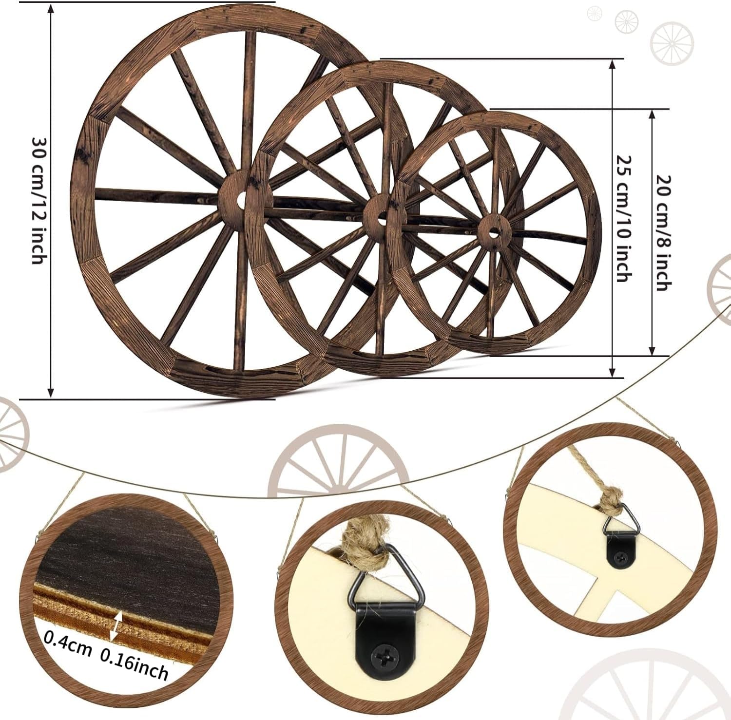 fenghangeng 3 Pcs Wagon Wooden Wheels Decor for Outdoor Crafts,Rustic Wall Cowboy,Western Bedroom Decor(12/10/8 In)