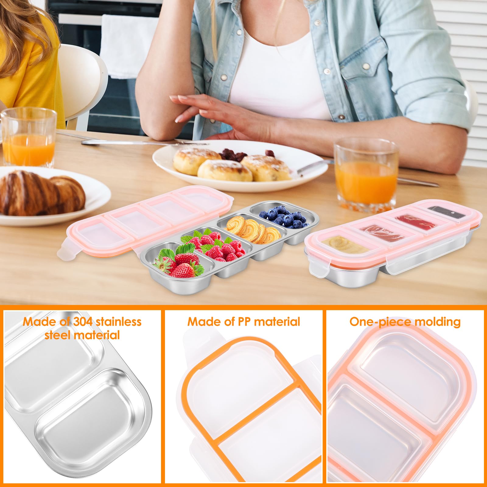 2 Stück Snackbox mit Fächern, Snackteller aus Edelstahl, Snackschale mit Deckel,Luftdichte & auslaufsicher, Unterteilte Snackdose, BPA-frei mikrowellengeeignet & Spülmaschinenfest(4 Fächern)