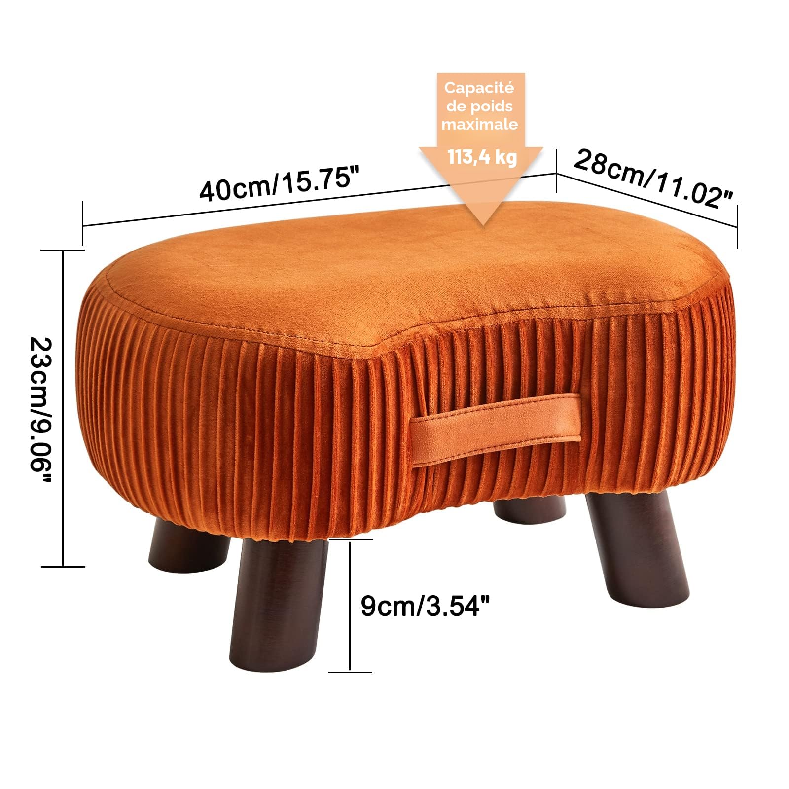 YMYNY Ottoman Pouf en Bois, Petit Repose-Pieds Incurvé avec Poignée, Tabouret de Canapé avec Coussin d'Assise Moelleux, pour Chambre, Salon, Chambre à Coucher 40 × 28 × 23 CM, Orange HBD021Y