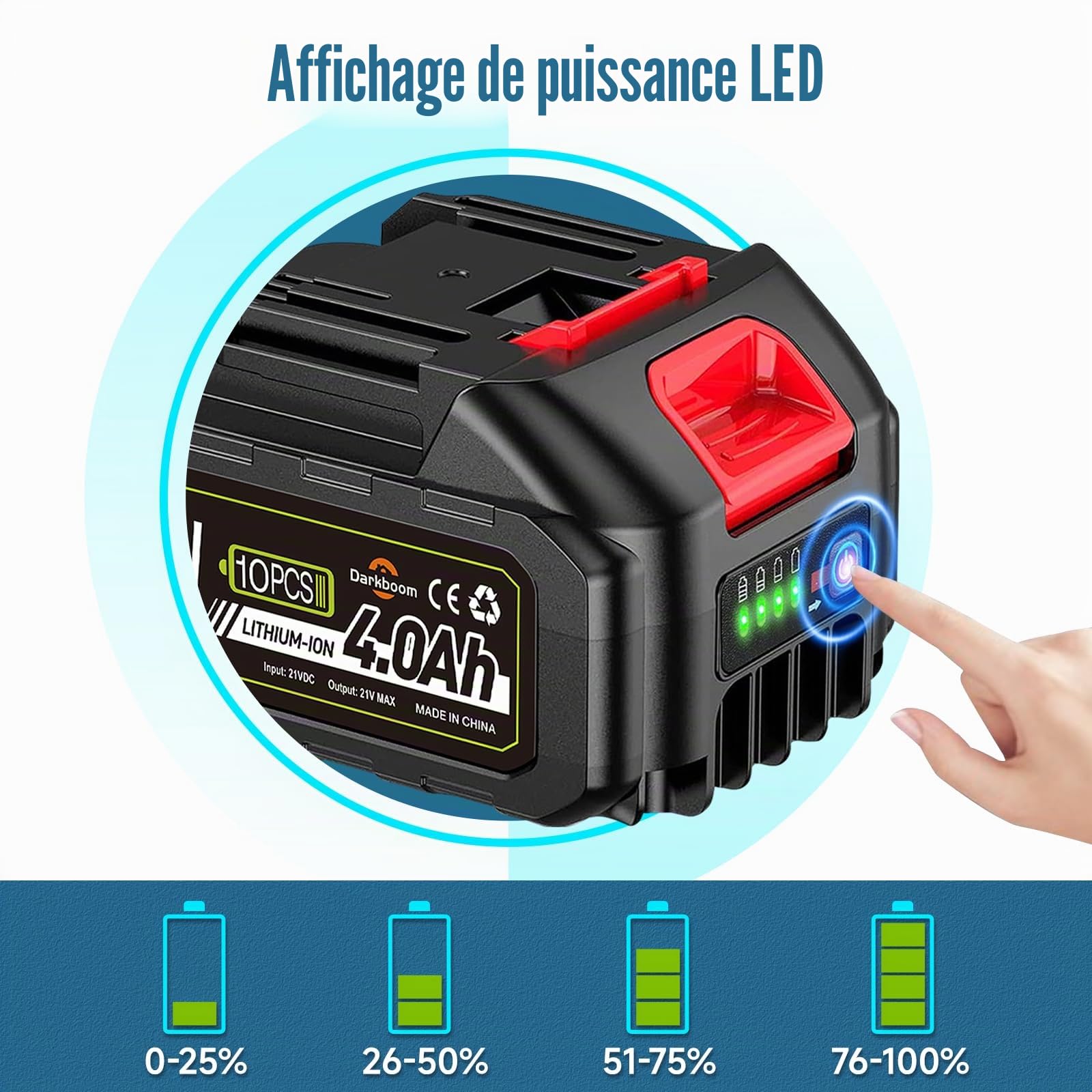 2 pièces 21 V 4,0 Ah Batterie pour outils électriques, batteries pour taille-haies, tondeuses, souffleurs à feuilles, taille-haies, aspirateurs à feuilles, nettoyeurs haute pression, coupe-bordures