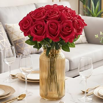 20 Pcs Red Artificial Flowers Fake Artificial Roses Silk Flower with Stem