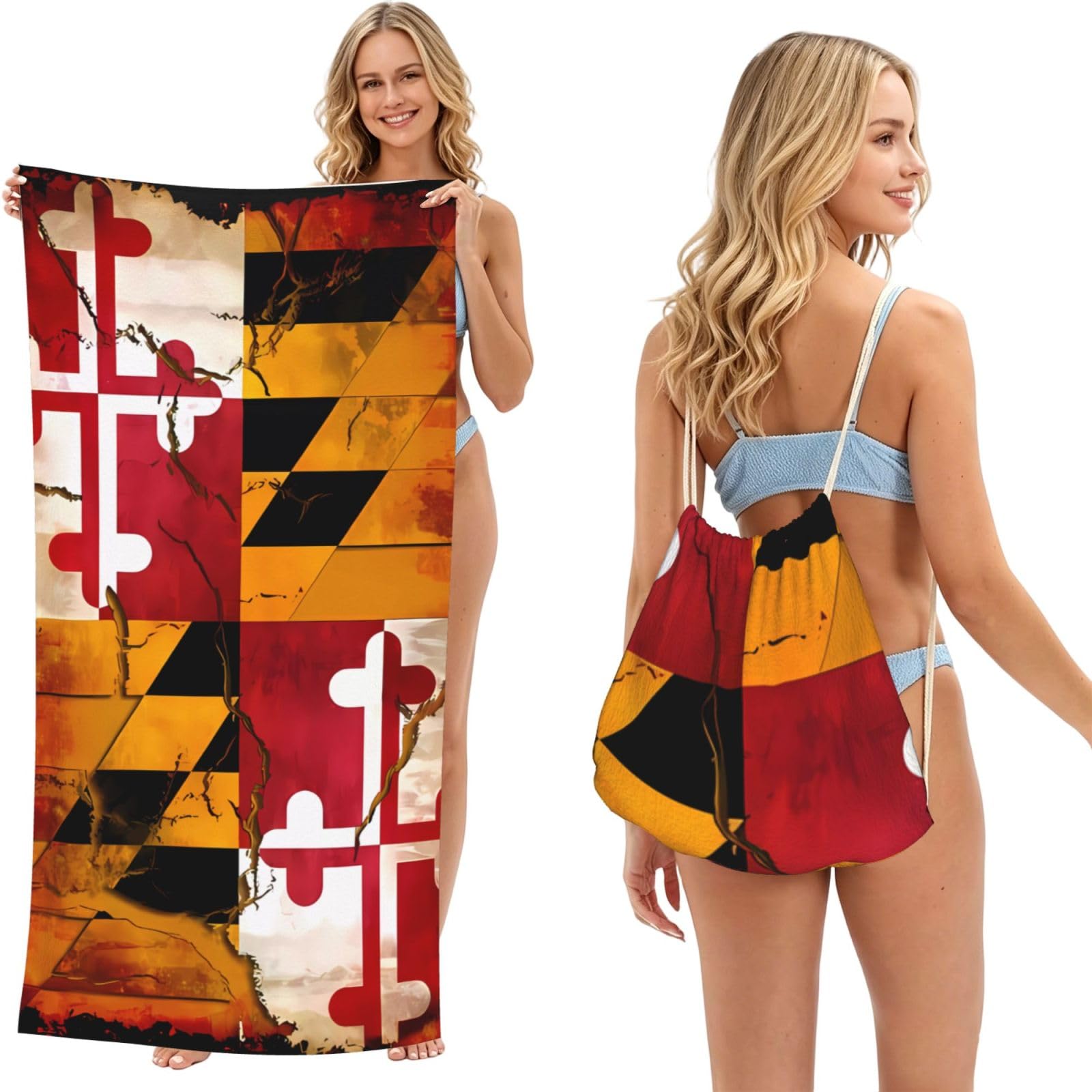 SXZVVBN vintage wooden maryland flag 2-in-1 Beach Towel Bag, Quick Dry Sand Free Travel Towel Backpack for Adults