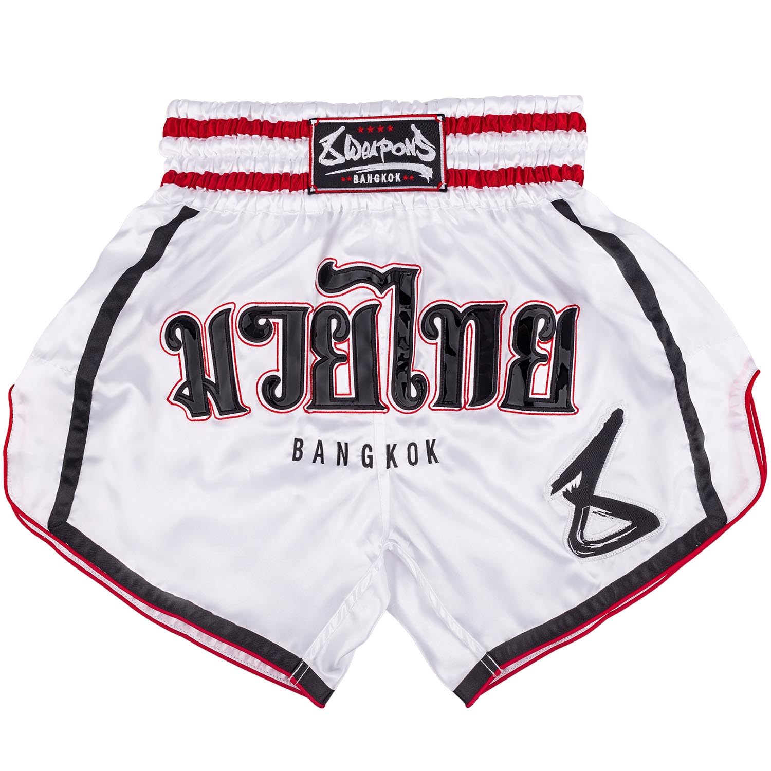 8 WEAPONS Muay Thai Shorts Bangkok, Weiß-Schwarz, Kickboxhose für Training & Wettkampf, Thaibox Shorts Polyester, Atmungsaktiv, Langlebig, Kampfsporthose für MMA, K1, Boxen, Thai Boxen