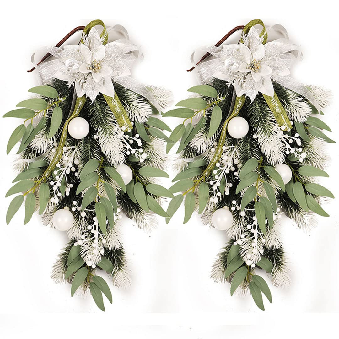 Artificial Christmas Teardrop Swag, 19.7inch Poinsettia Teardrop Wreath Artificial Front Door Swags Christmas Teardrop Floral Swag for Indoor and Outdoor Home Xmas Decor (2 Pack)