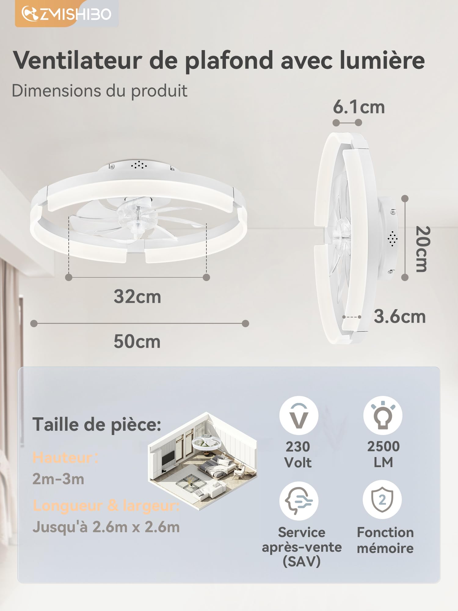 ZMISHIBO Ventilateur de Plafond 50 cm Moderne avec Lumière LED, Profil Bas, Silencieux, Flux Réversible, 6 Vitesses, 3 Couleurs de Lumière, Chambre/Salon, Blanc