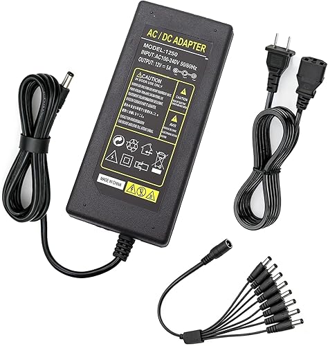 Adaptador de corriente para cámara de seguridad de 2 puntas, 12 V, 5 A, 100 V-240 V, adaptador de corriente de 8 vías, cable divisor de alimentación