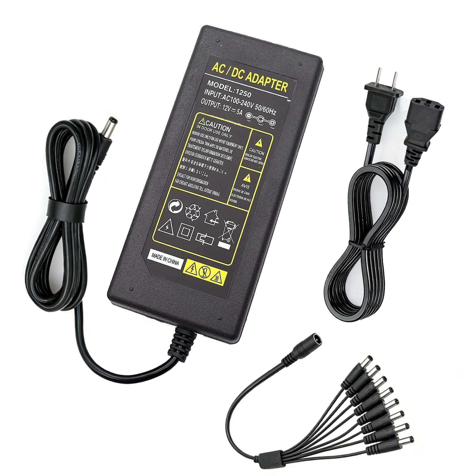 Tnuocke 2-Prong Security Camera Power Adapter,12V 5A 100V-240V Camera Power Adapter 8-Way Power Splitter Cable for CCTV/Camer/DVR