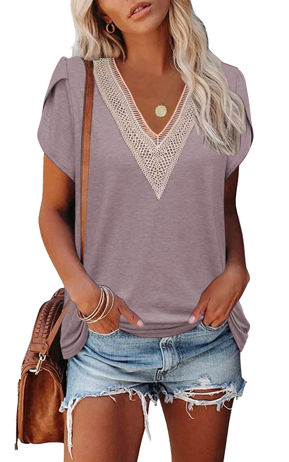 Famulily T-Shirts für Damen V Ausschnitt Sommer Lässige Oberteile Blütenblatt Kurzarm Tops