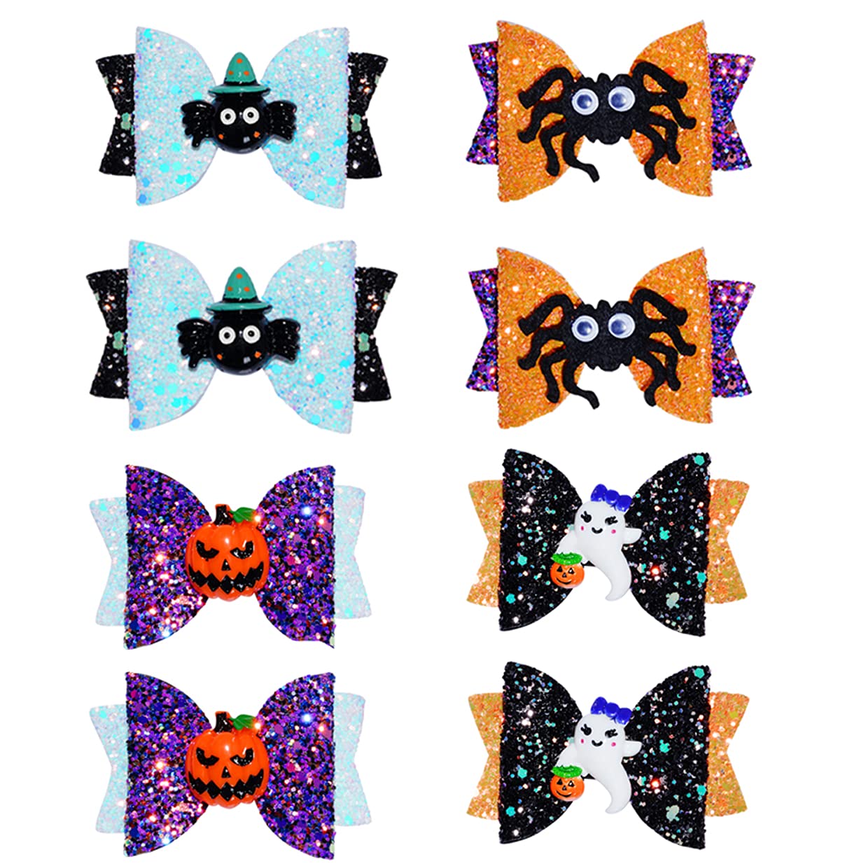 8Pcs Halloween Hair Accessories Headdress Halloween Glitter Bows Spider Hair Clip Pumpkin Hair Bow Ghost Hair Barrette Glitter Hair Clip Girls Party Dance Hair Barrettes