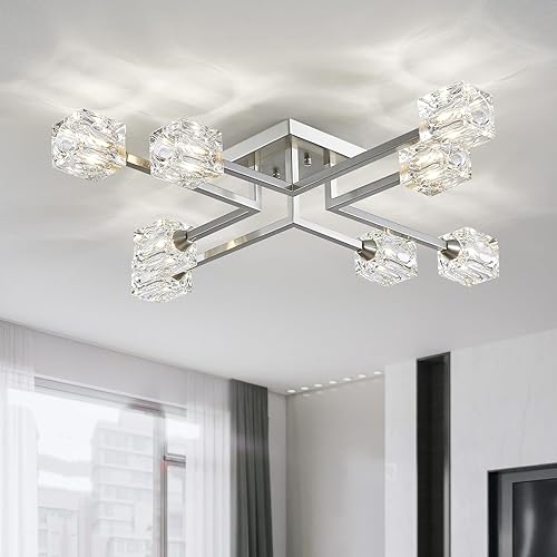 Miniatura 1 de XINGQI Lámpara de techo semiempotrada de 8 luces, lámpara moderna de níquel cepillado, lámparas Sputnik para comedor, sala de estar, cocina,
