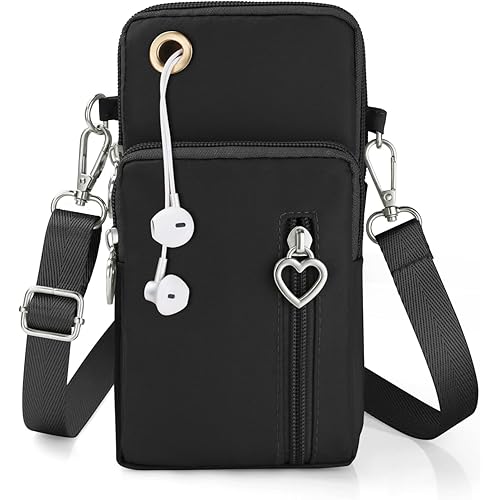 Crossbody Wallet Phone Bag for Women Nylon Small Crossbody Shoulder /Arm Bag Cell Phone Purse with Headphone Port (Black)