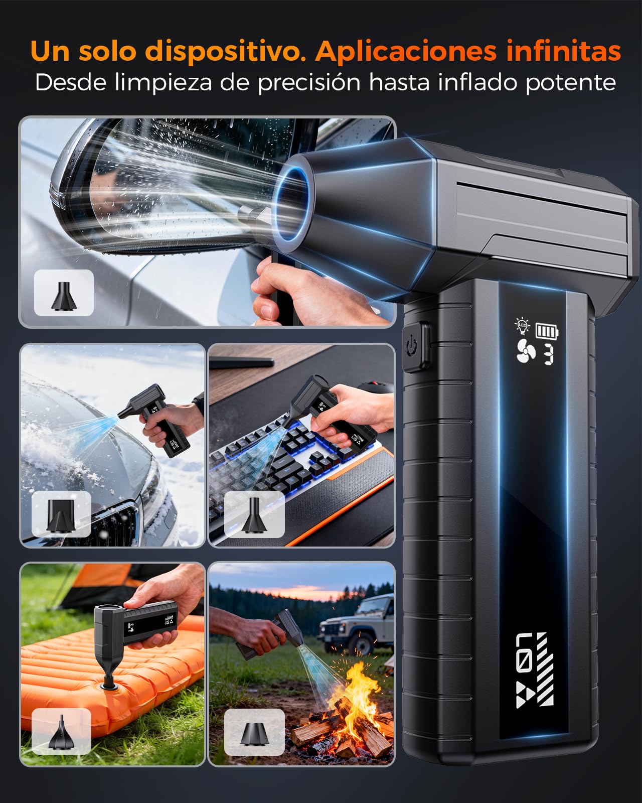 Soplador de Aire Potente – Mini Soplador Batería 200.000 RPM, 10.500 mAh, para Limpieza PC & Teclado, LED, Pantalla Inteligente, Recarga USB-C