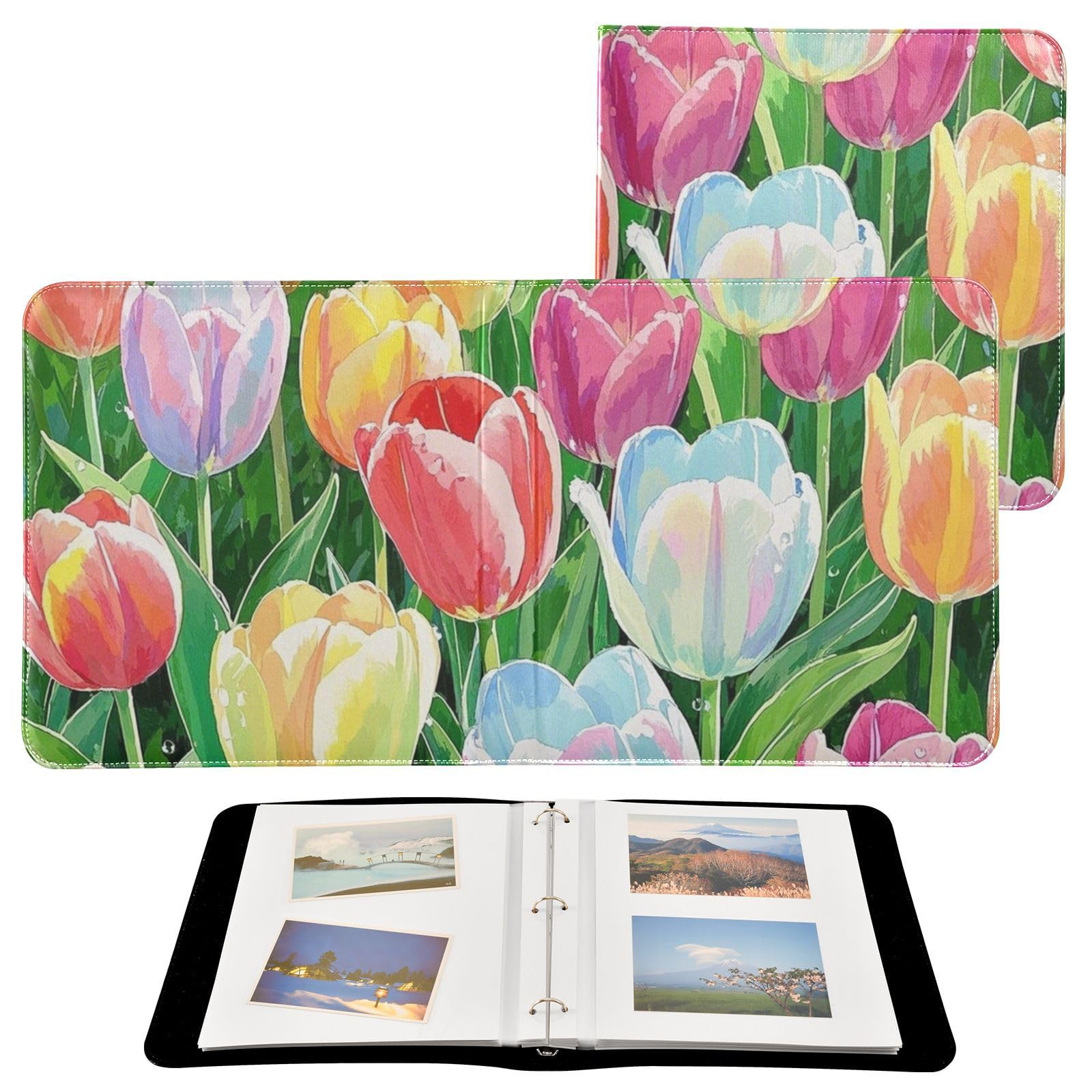 Photo Album 4x6, 5x7,6x8,Artificial Leather Photo Albums with 20 Detachable Sheets Tulips Print for Family Wedding,Multi 21