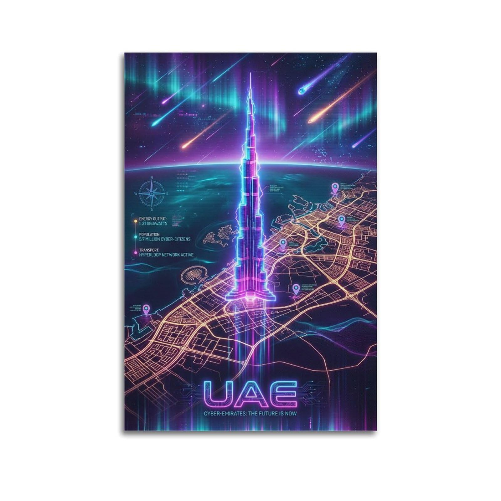XKUGA Cyber Dubai Cityscape Futuristic UAE Map Skyline Poster Modern Decorative Canvas Prints - Ideal Wall Art for Family, Man Cave, Game Room, Boys & Girls Bedroom 20x30inch(50x75cm)