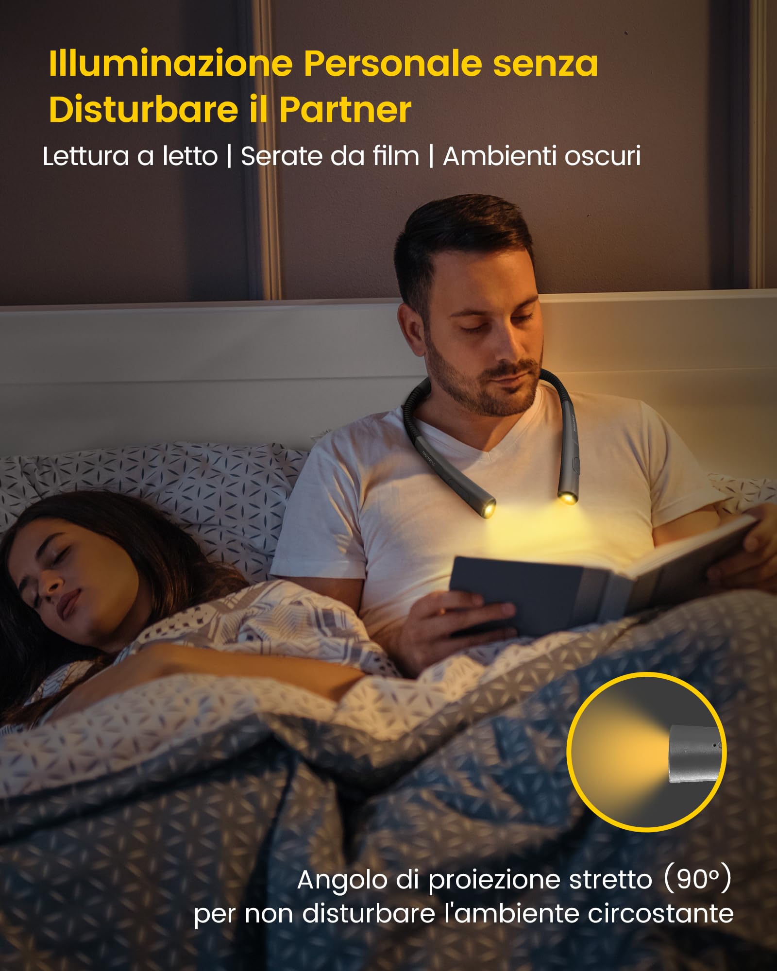 Glocusent Rinnovata LED Luce Lettura Collo, Luce per Lettura Libri a Letto, Timer 30min., 3 Colori & 3 Intensità Regolabili, Ricaricabile & Duratura, Ideale per Leggere, Sferruzzare, Riparare