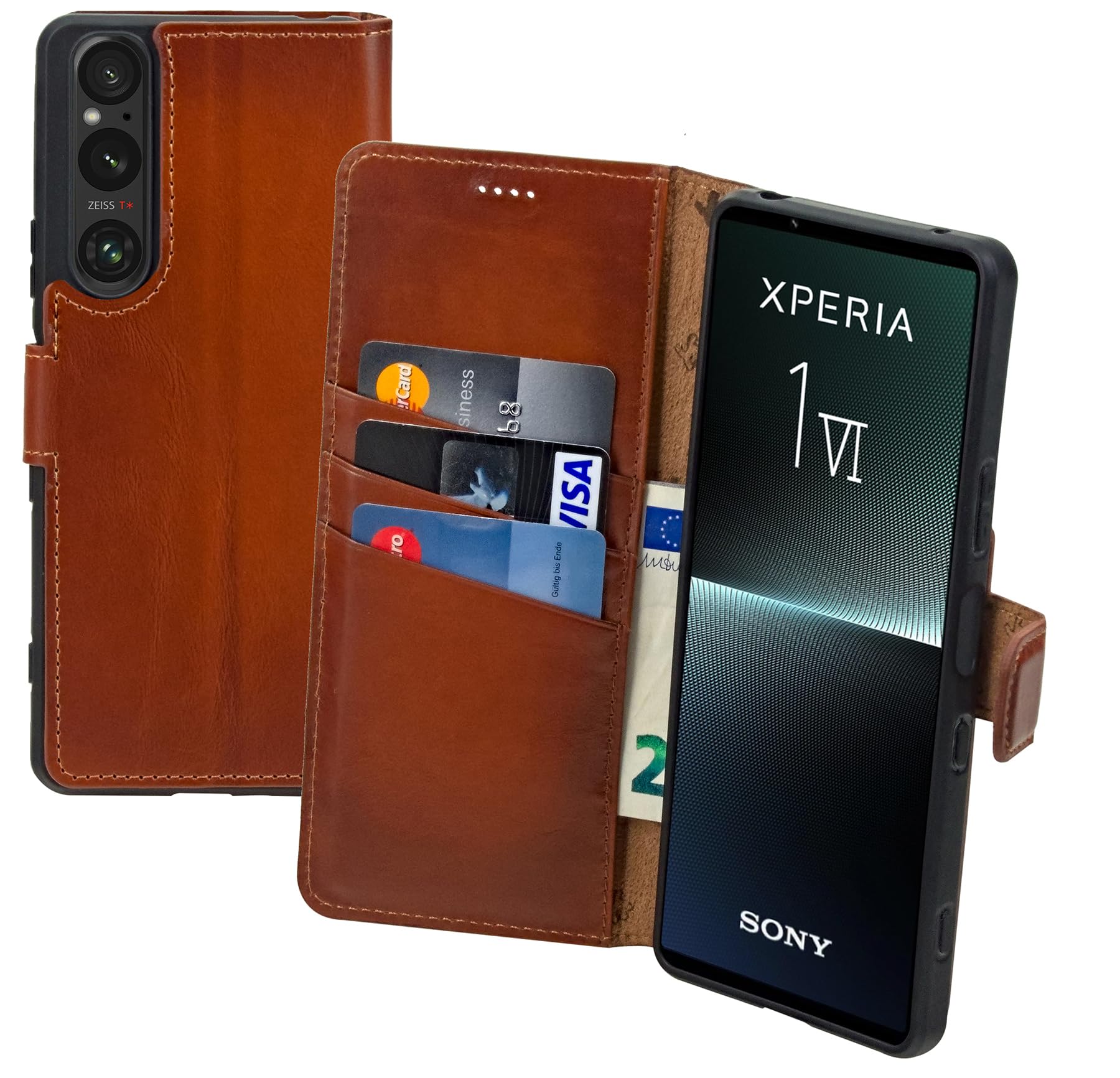 Book-Style Case Compatible with Sony Xperia 1 VI 6 (2024) Leather Case (Slim Fit) Leather Mobile Phone Case Protective Case with 3 Card Slots in Burned Cognac