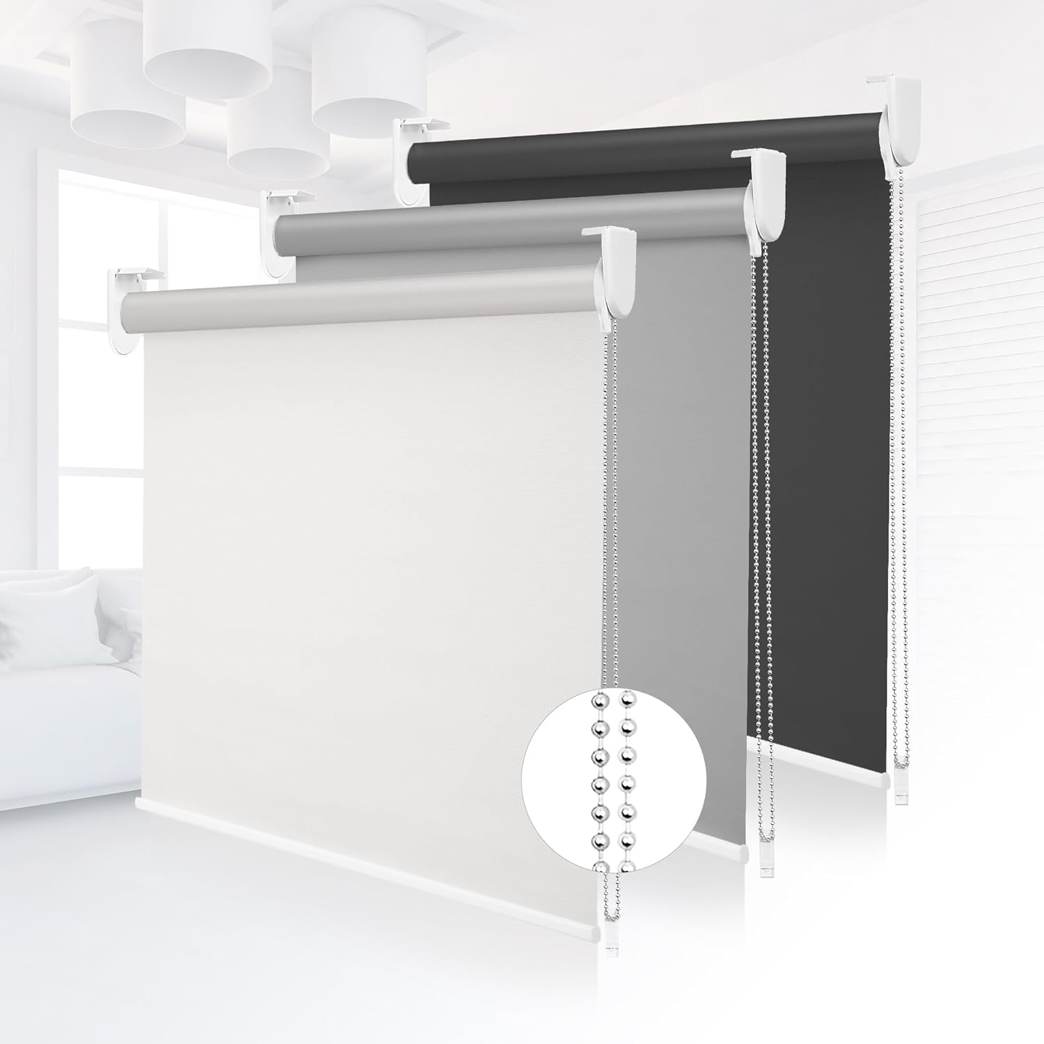 Grandekor 100% Blackout Roller Shades, Pull Down Shades for Window Thermal Insulated UV Protection Waterproof Blackout Fabric, Chain Corded roll up and Down Blinds,32x72,White White 72" x 32"