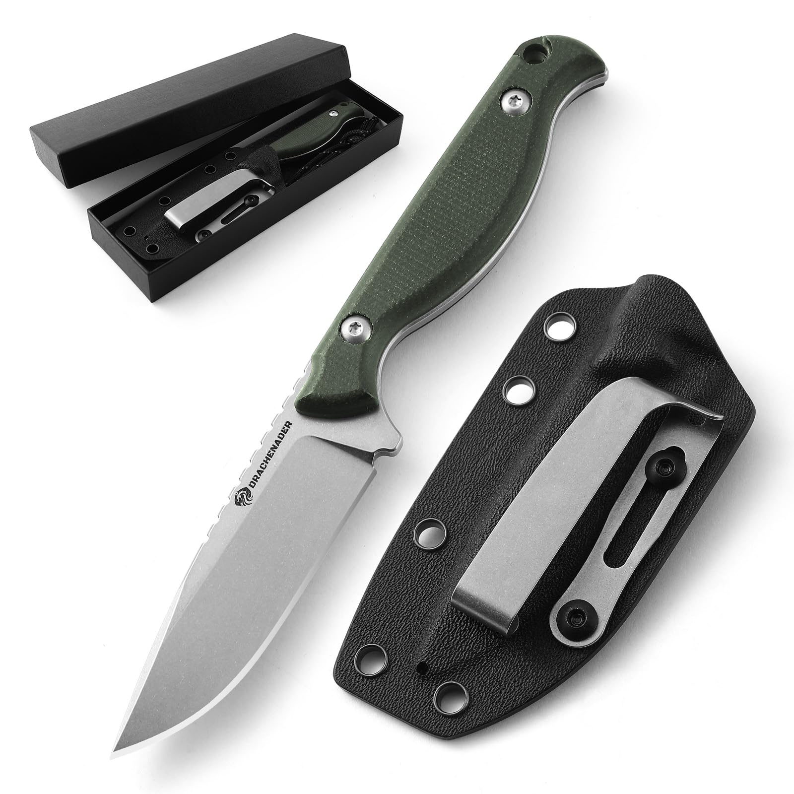 DRACHENADER 7" Small Fixed Blade Knife GT3, Full Tang D2 Steel, Micarta Handle, Kydex Sheath & Pocket Clip, EDC, Camping & Hiking Knife (White-Green)