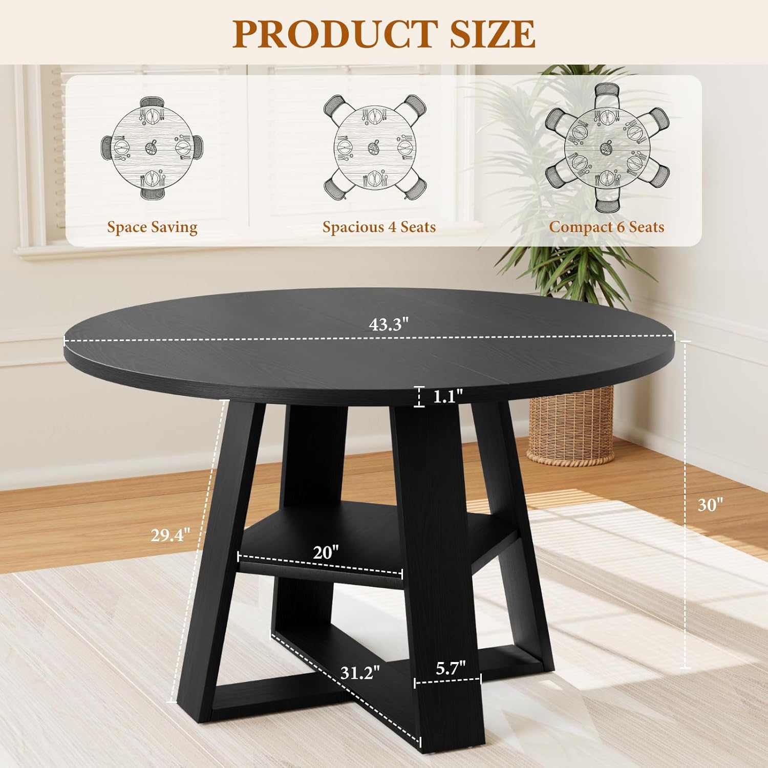 43 Inch Round Dining Table for 4, Circle Kitchen Tables with Wooden Pedestal Base, Round Kitchen Table for Dining Room, Kitchens, Living Room