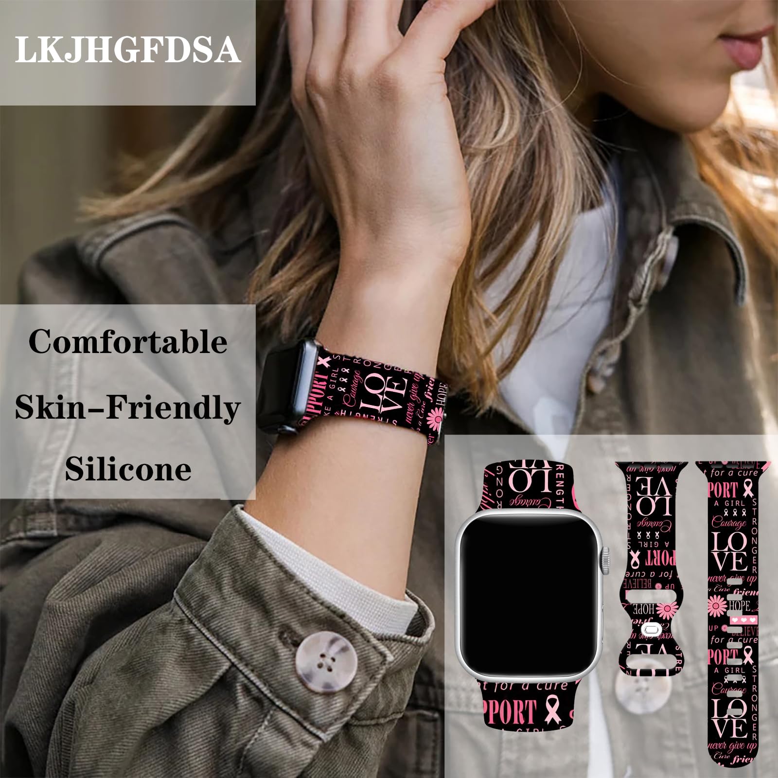 Breast Cancer Love Watch Band Compatible with Apple Watch 38mm 40mm 41mm, Pink Ribbon Survivor Awareness Support Iwatch Bands Wristbands Soft Silicone Strap Adjustable Accessories Replacement for