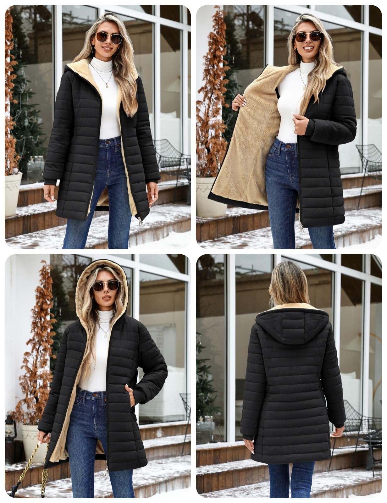 Tuopuda Manteau Femme Hiver Matelassée Veste Polaire Chaud Parkas Blouson Zippée à Capuche mi Longue Coat Outercoat Slim Fit Casual Jacket avec Poches