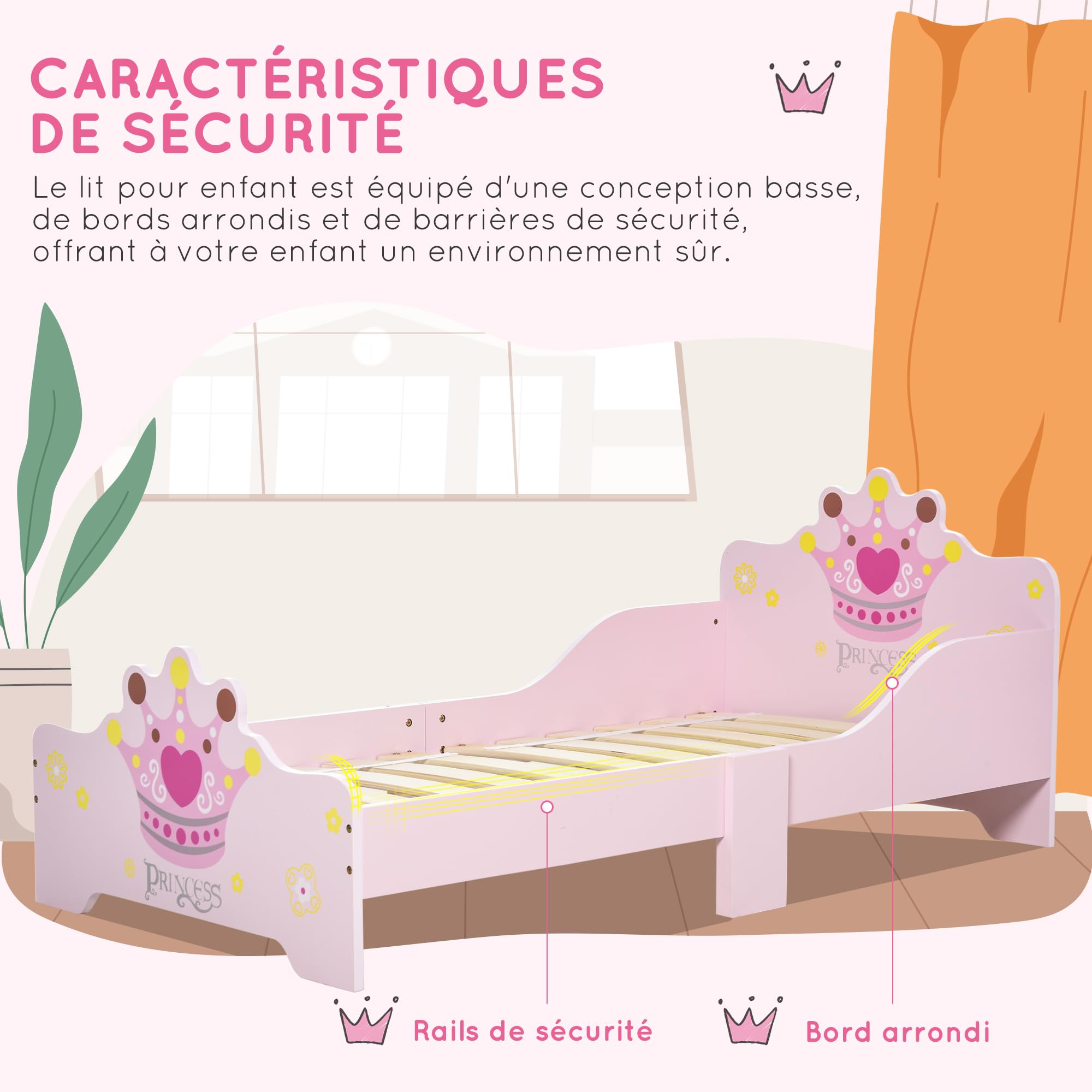 HOMCOM Lit Enfant Design Princesse Motif Couronne Sommier à Lattes Rose