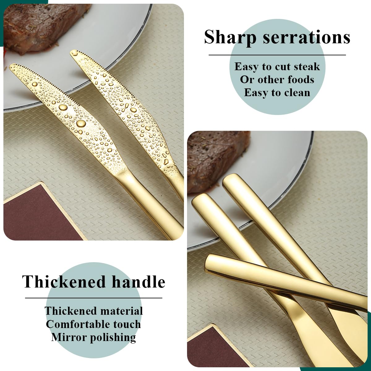 Evanda Set di coltelli da bistecca in oro 12 pezzi, coltelli da tavola in acciaio inox placcati in titanio, set di coltelli da burro, set di posate in argento, set di posate, lavabili in lavastoviglie