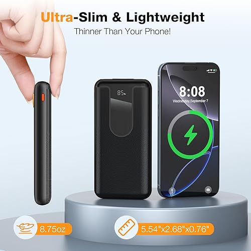 Miniatura 2 de Cargador portátil con cable integrado, cargador de batería de carga rápida de 22.5 W 10000 mAh con pantalla LED, batería esencial de viaje delgada