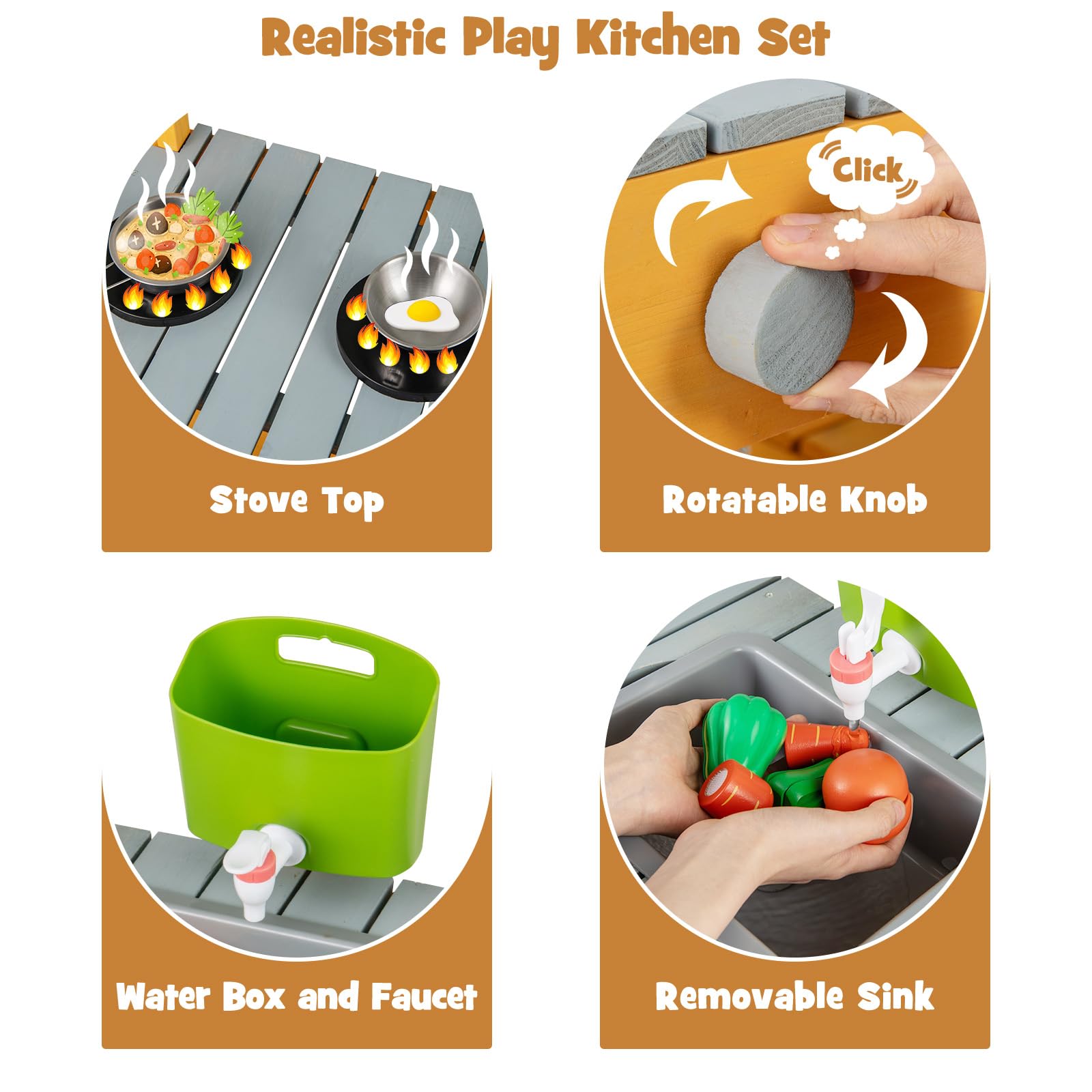 HOMASIS Matschküche Kinder Outdoor, Kinderküche mit Spüle Herd, Spielküche aus Holz, Spielzeugküche mit 3 Haken & Regalen, Holzküche Gartenküche für Kinder ab 3 Jahren (Orange, mit Wasserspender)