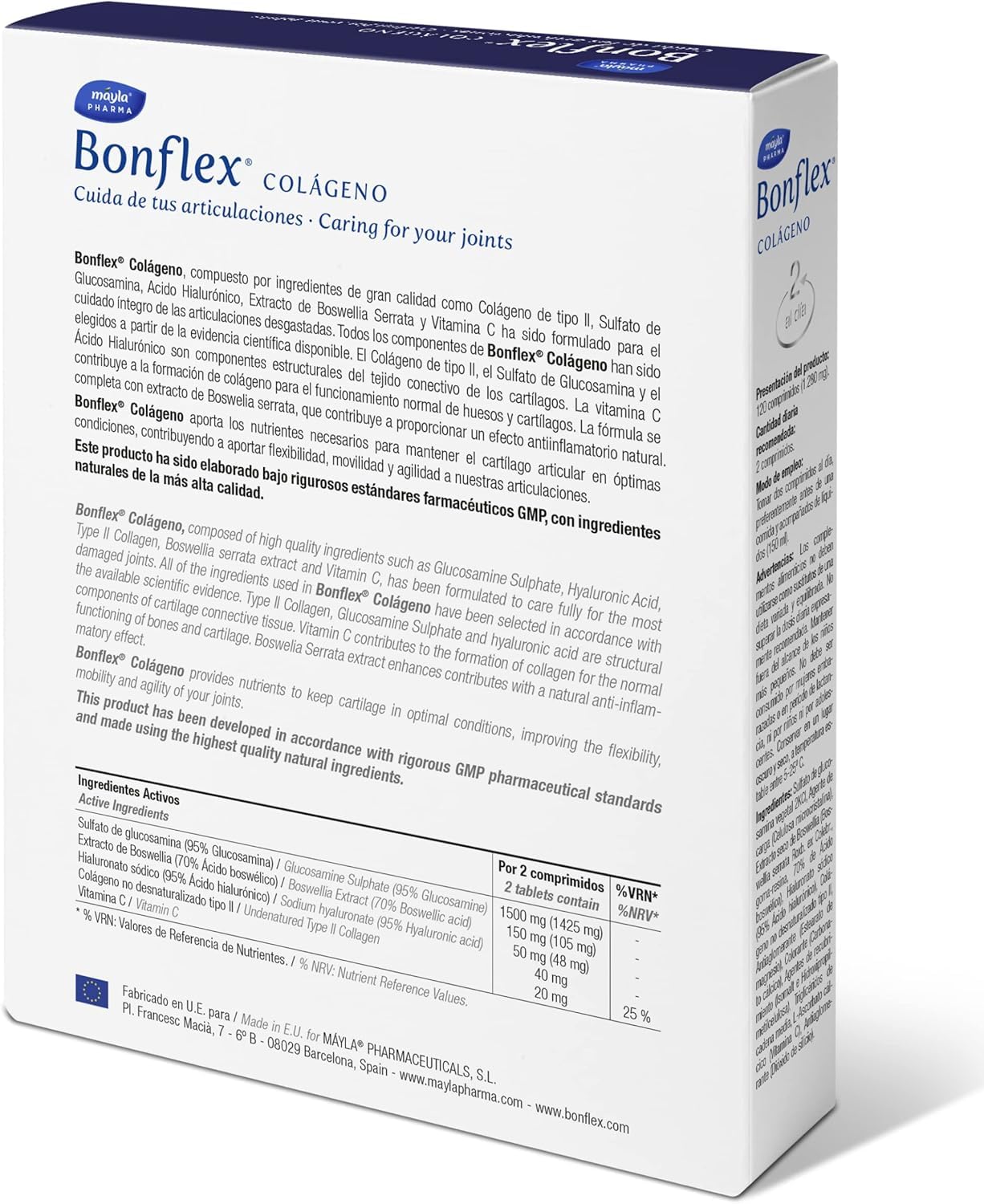 Bonflex Collagène 120 Comp Collagène non dénaturé Type II, aide à maintenir en forme les articulations face à l'usure et aux impacts 1500 mg Glucosamine prend soin de vos articulations 2 prises par